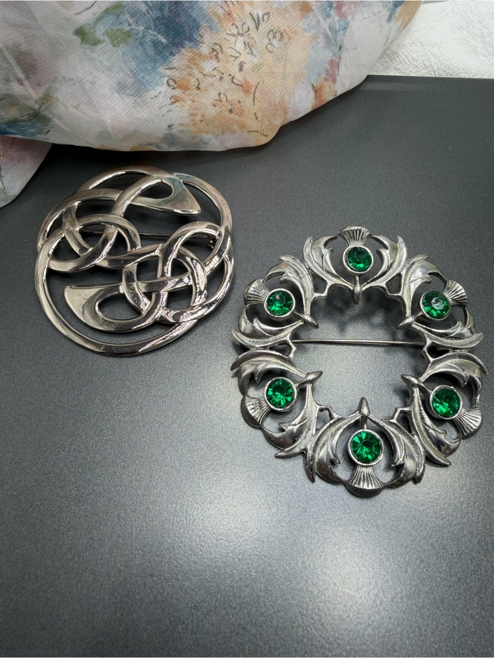 Vintage Large Celtic Knot & Green Gem Round Brooches - #4CEL